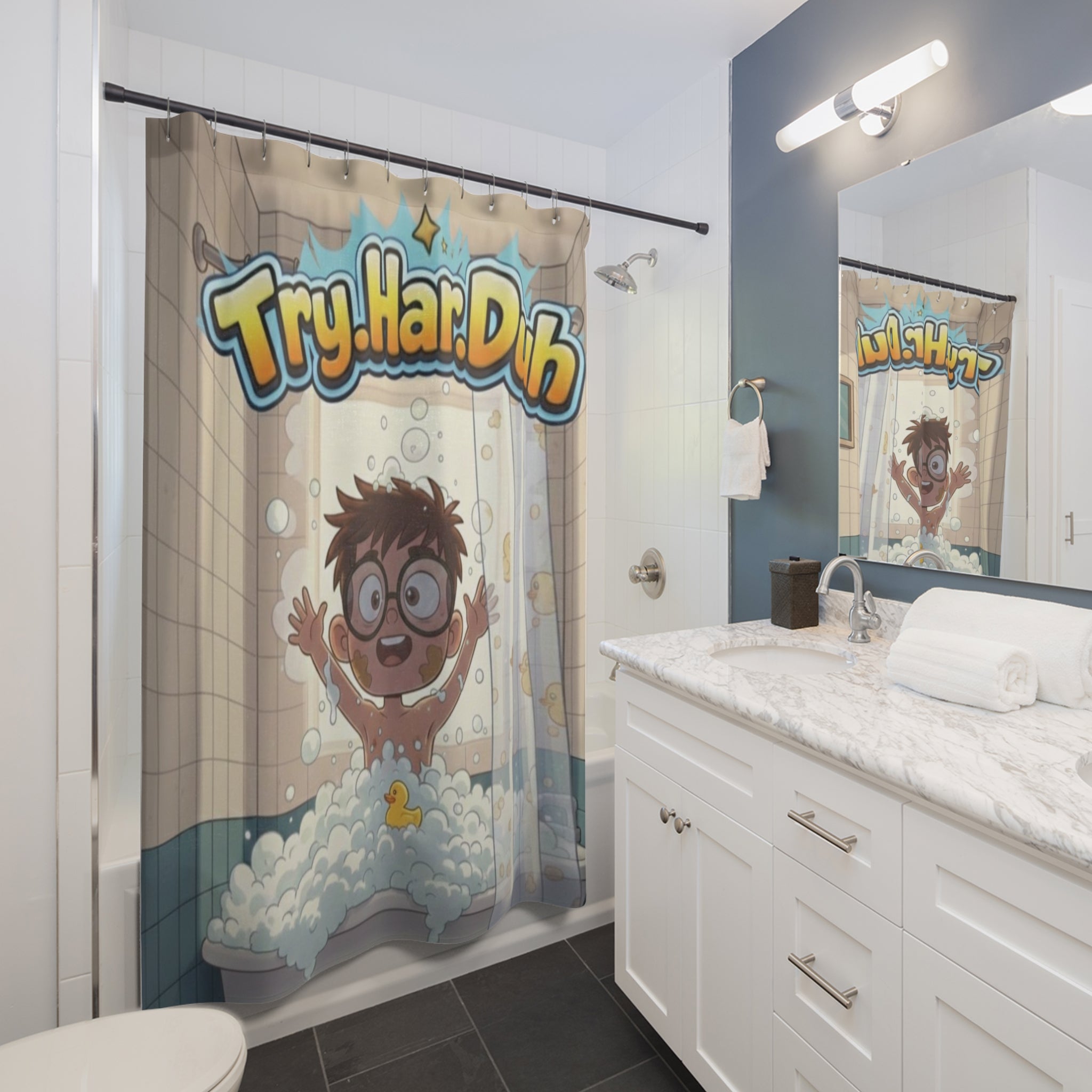 Try.Har.Duh Kids Shower Curtain – Playful Cartoon Bath Time Design