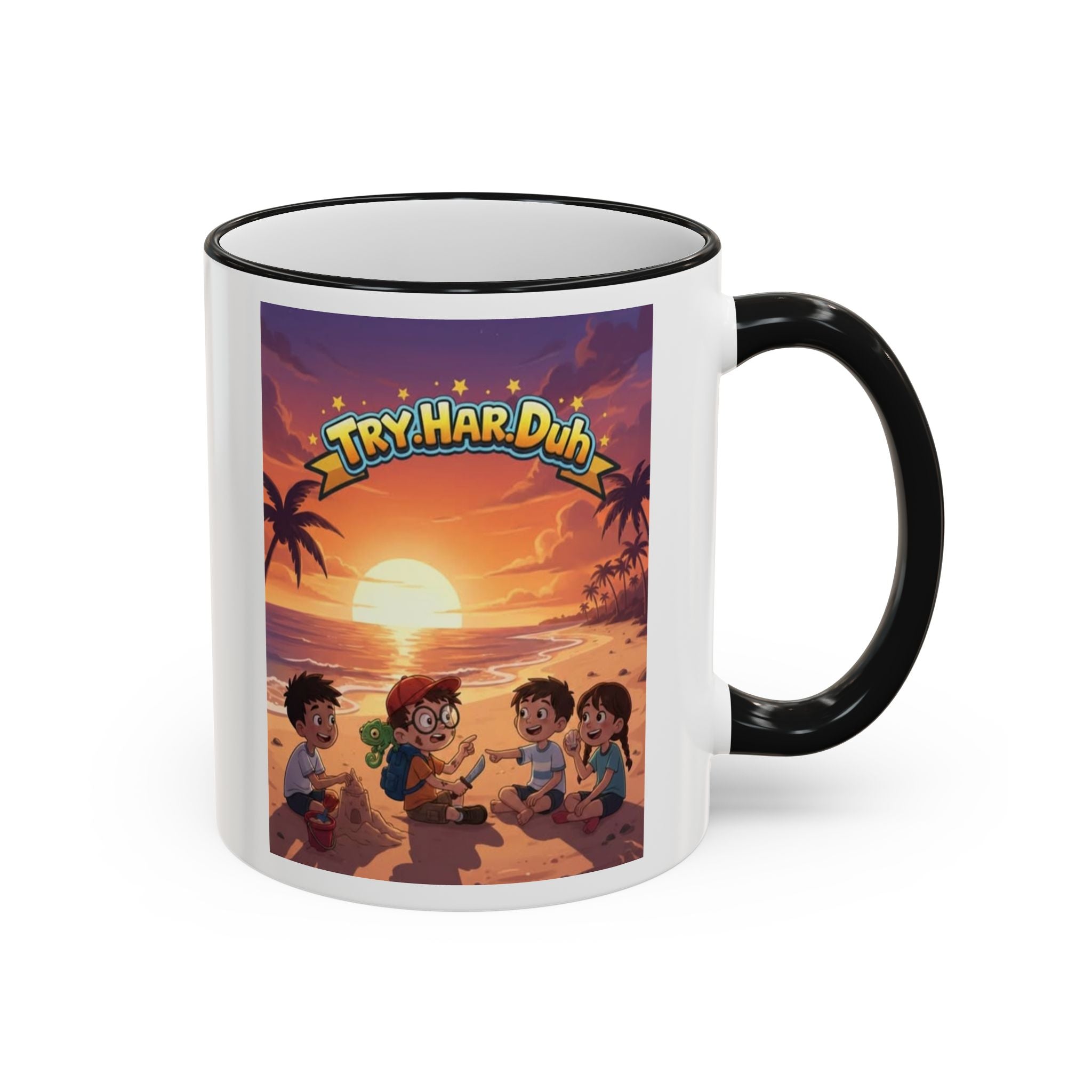 Tropical Family Beach Mug — Sunset Kids Coffee Cup (Accent Rim & Handle)
