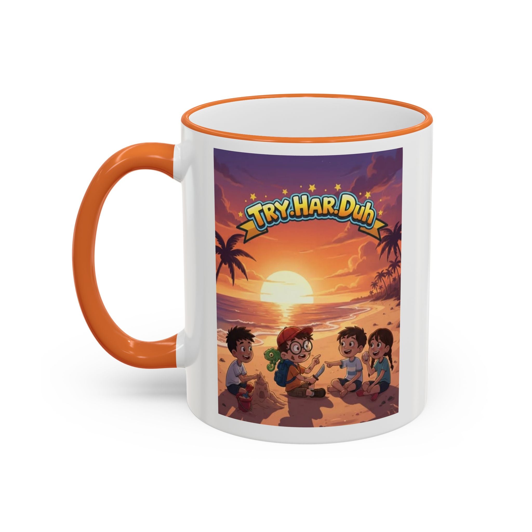 Tropical Family Beach Mug — Sunset Kids Coffee Cup (Accent Rim & Handle)
