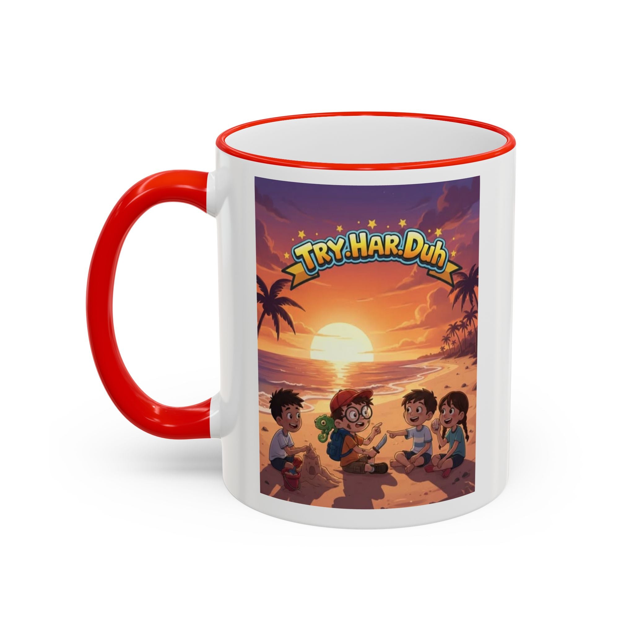 Tropical Family Beach Mug — Sunset Kids Coffee Cup (Accent Rim & Handle)