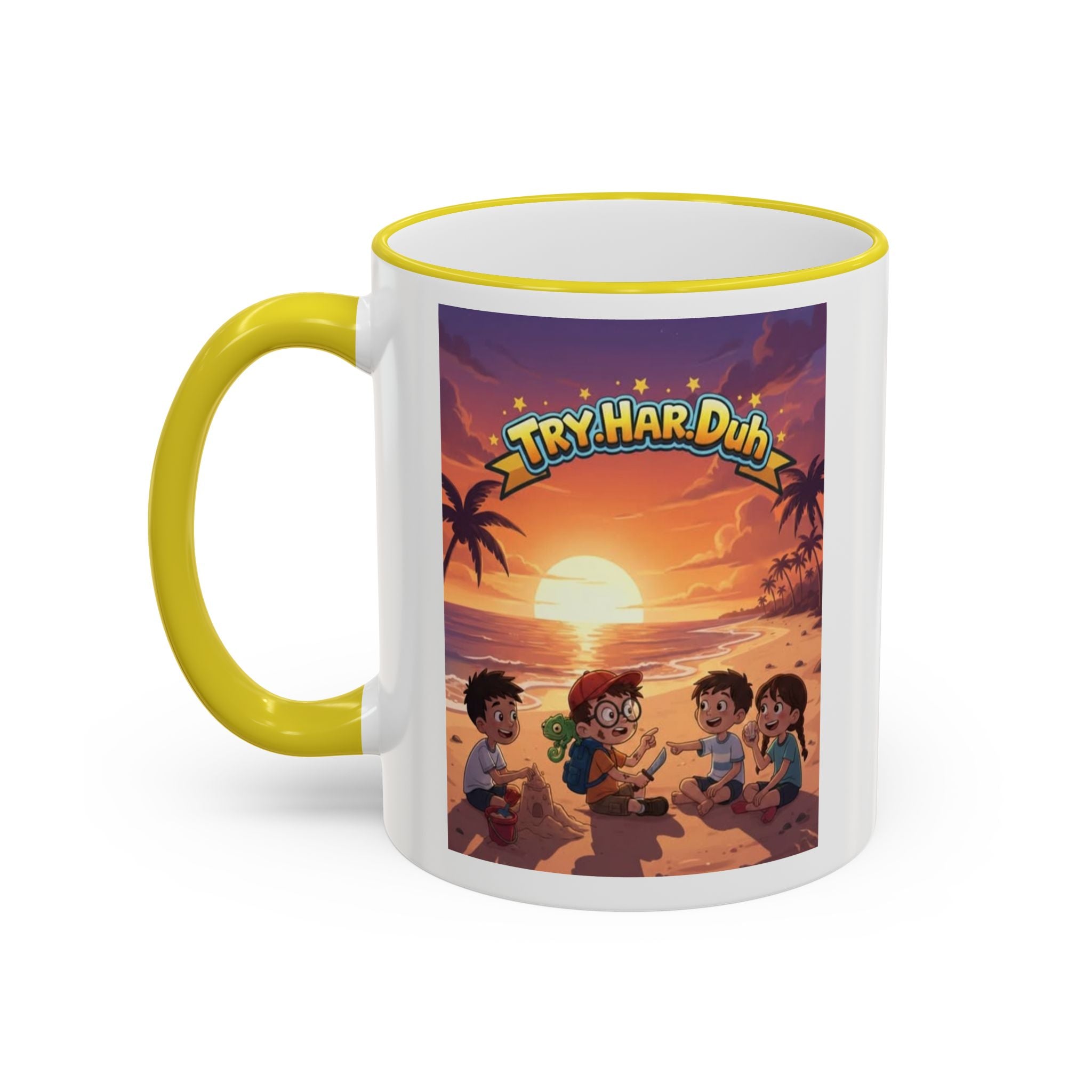 Tropical Family Beach Mug — Sunset Kids Coffee Cup (Accent Rim & Handle)