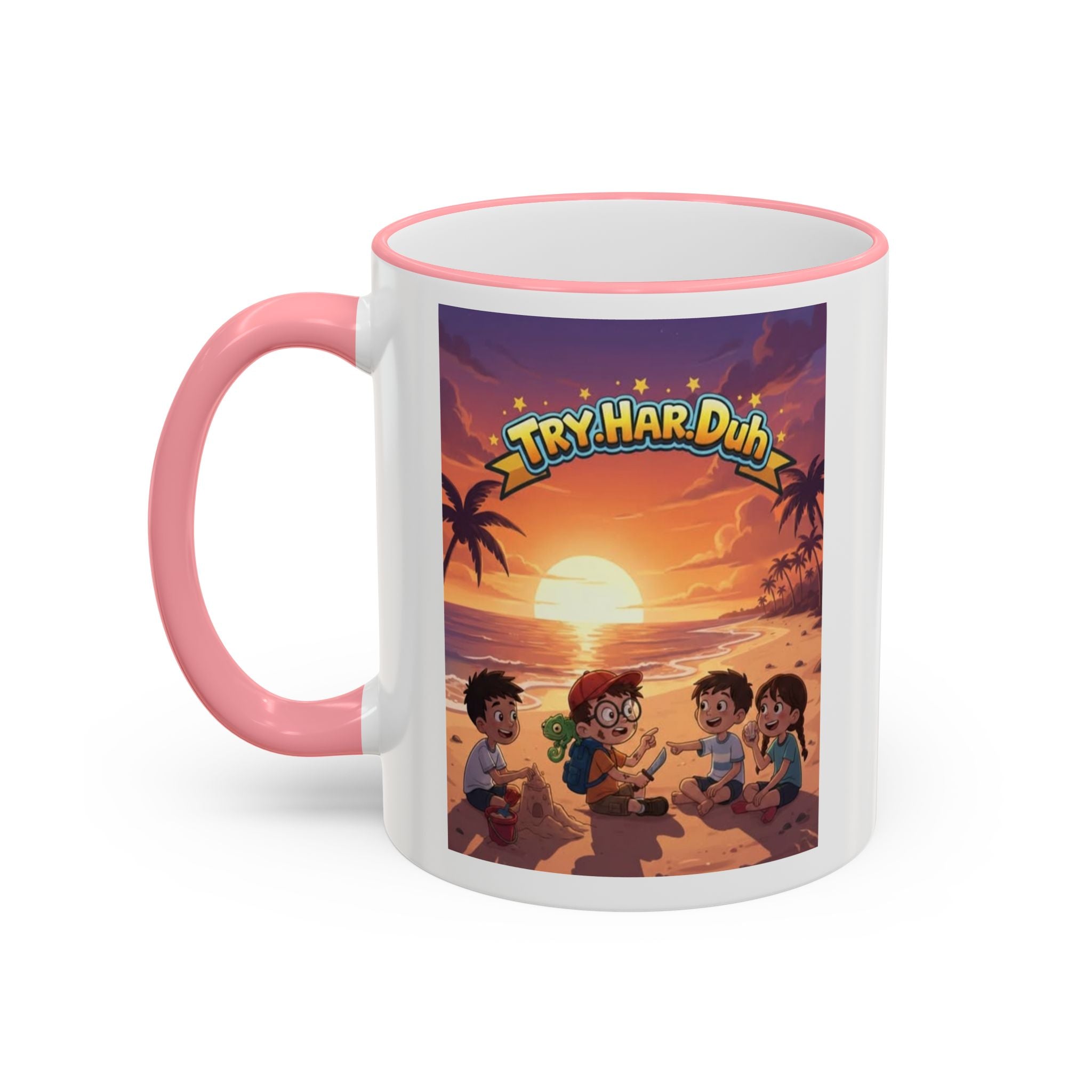 Tropical Family Beach Mug — Sunset Kids Coffee Cup (Accent Rim & Handle)