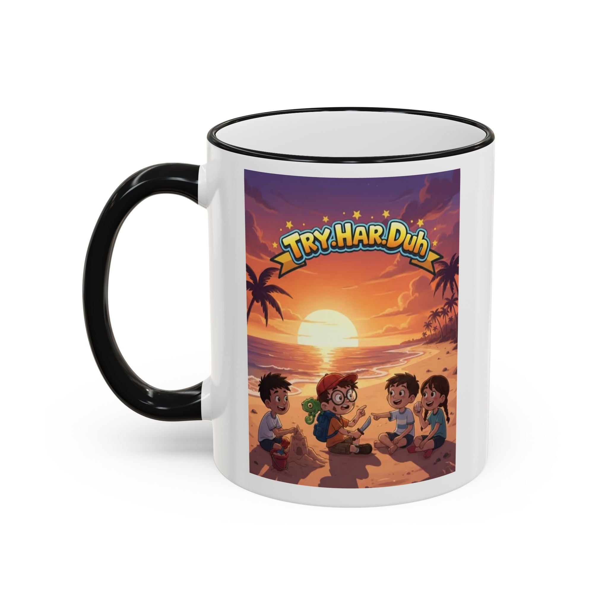 Tropical Family Beach Mug — Sunset Kids Coffee Cup (Accent Rim & Handle)