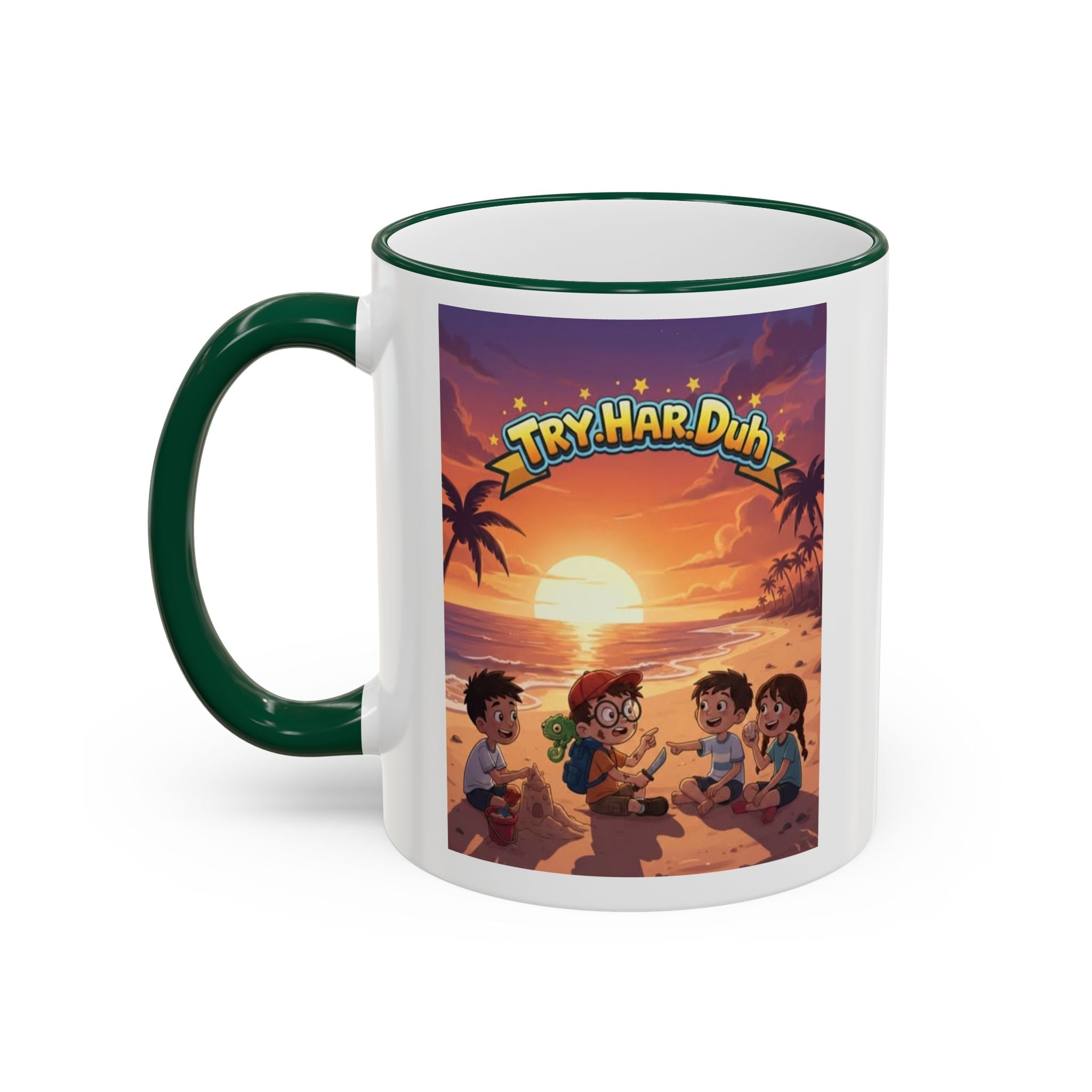 Tropical Family Beach Mug — Sunset Kids Coffee Cup (Accent Rim & Handle)