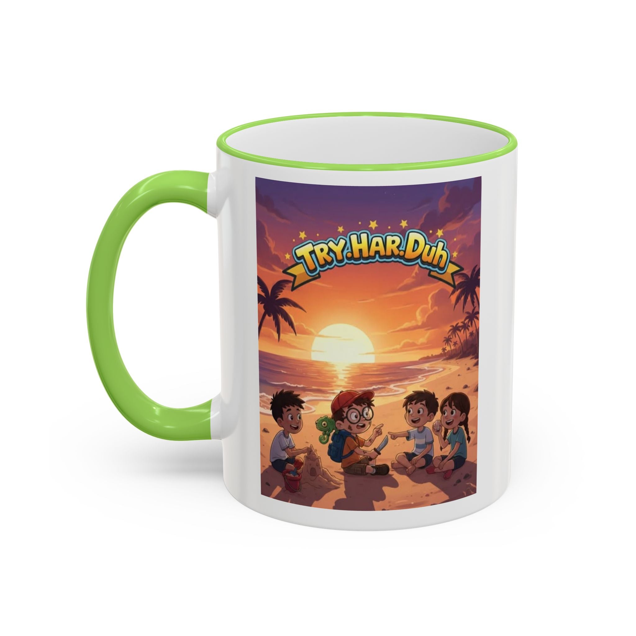 Tropical Family Beach Mug — Sunset Kids Coffee Cup (Accent Rim & Handle)