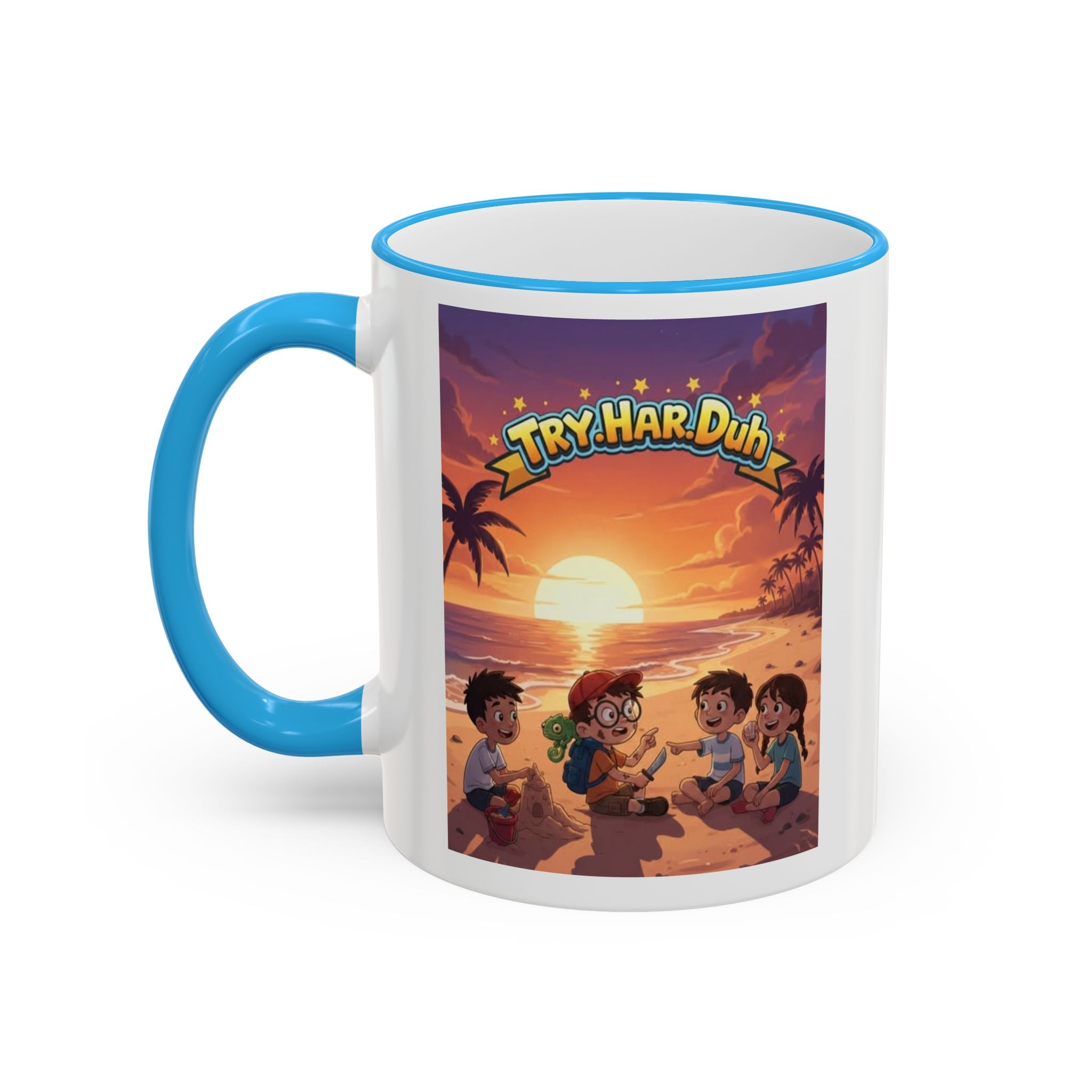 Tropical Family Beach Mug — Sunset Kids Coffee Cup (Accent Rim & Handle)